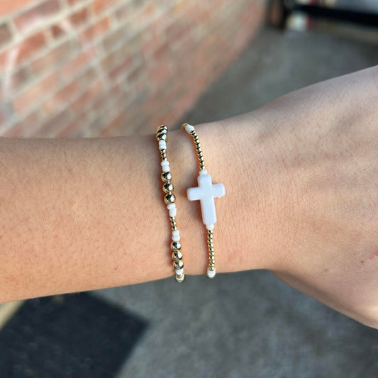 Gold Beaded Cross Bracelet Pair