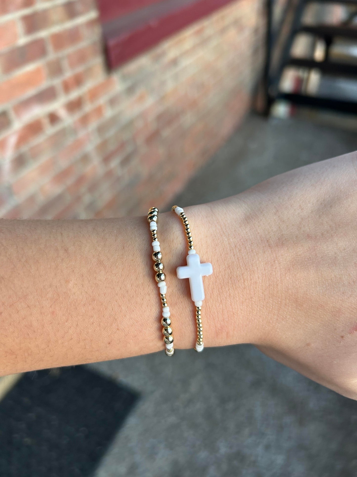 Gold Beaded Cross Bracelet Pair